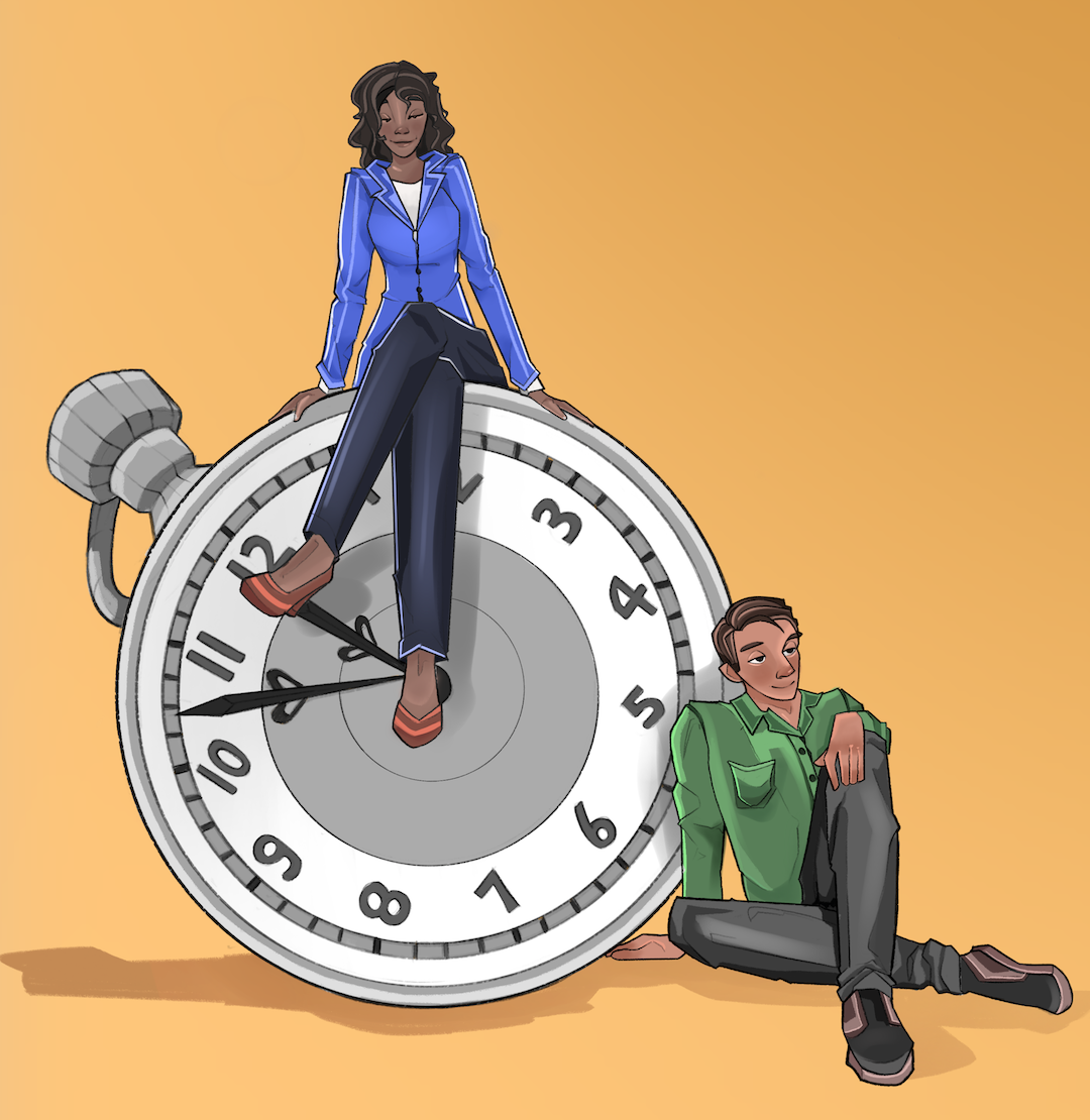 woman and man relaxing by an oversized pocket watch