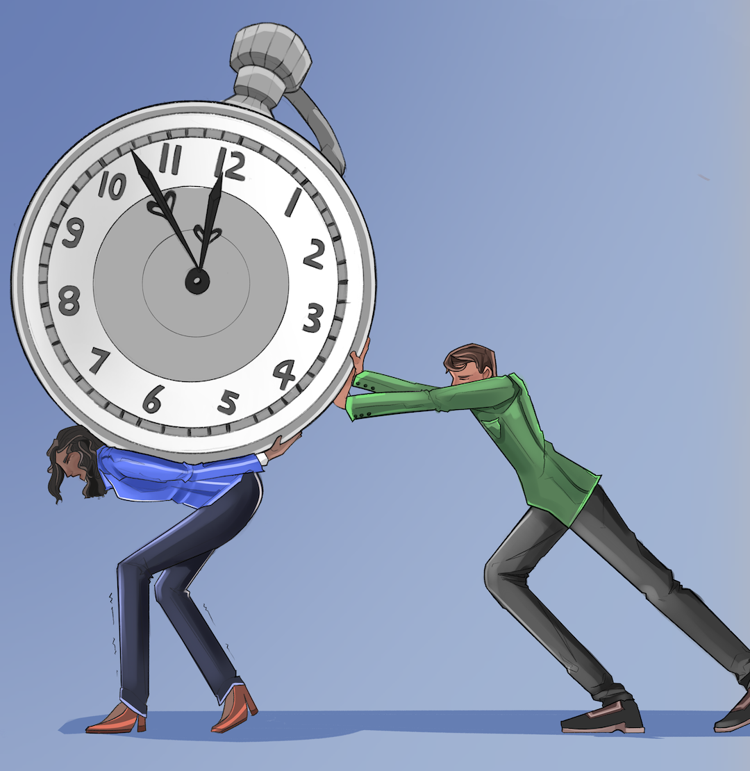 woman and man struggling to carry an oversized pocket watch