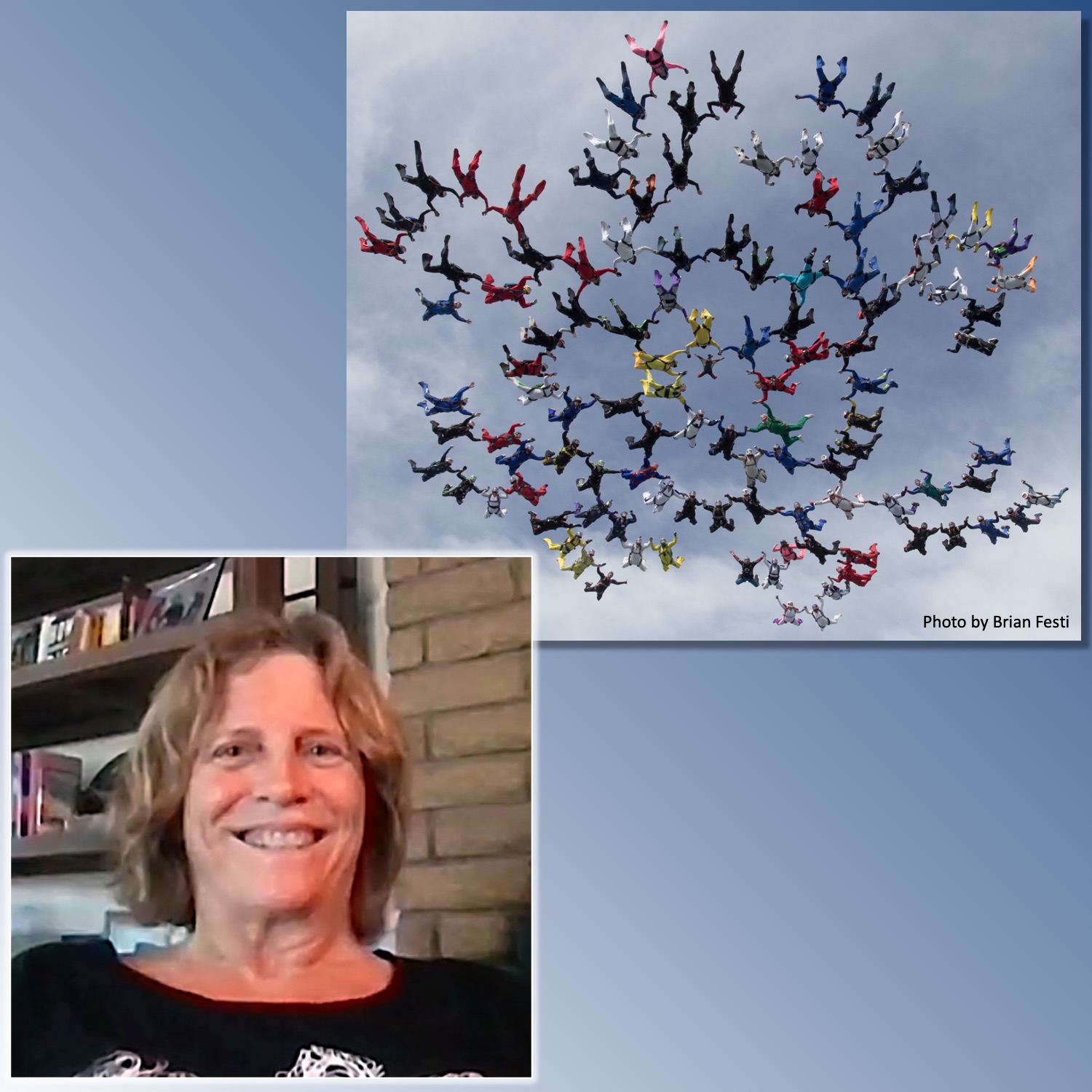 A photo of Kate Cooper-Jensen and a photo of a 111-person skydiving formation.
